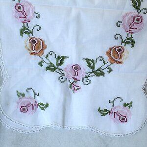 Vintage hand embroidered Table Runner Dresser Scarf colorful flowers Bouquets